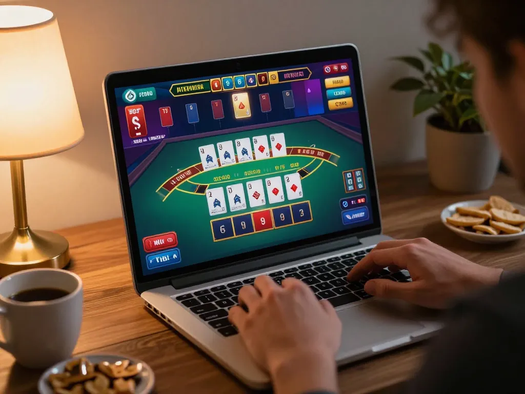 Engaging in an online blackjack game on a laptop while enjoying snacks and coffee at home, a reflection of 88vv's thrilling gambling experience