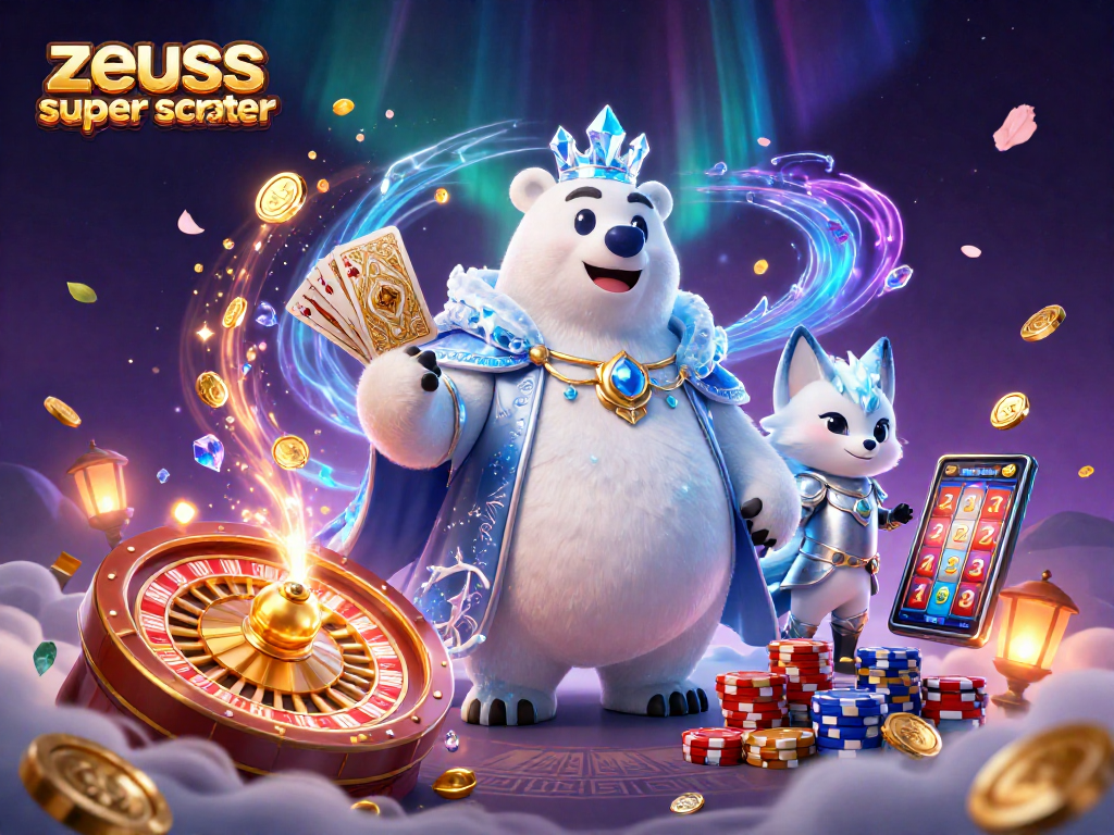 Spin and win with zeus super scatter in this vibrant slot gaming illustration featuring stunning characters and elements.