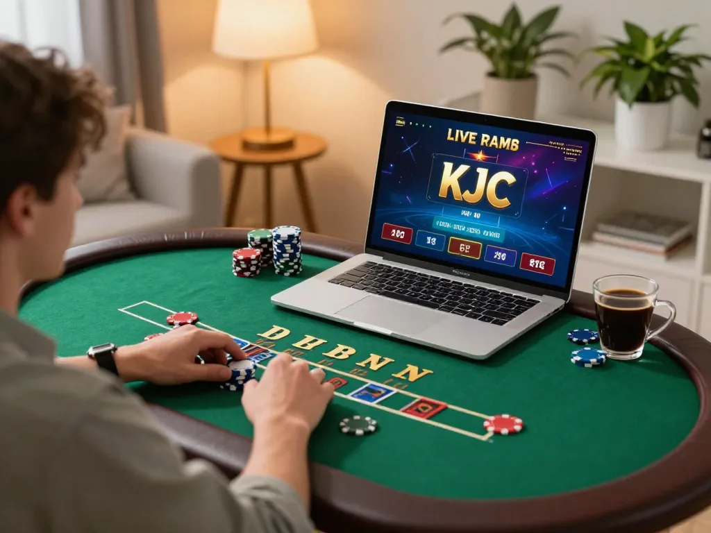 KJC player engaged in a thrilling live dealer blackjack game online, showcasing vibrant graphics and cozy home gaming setup.