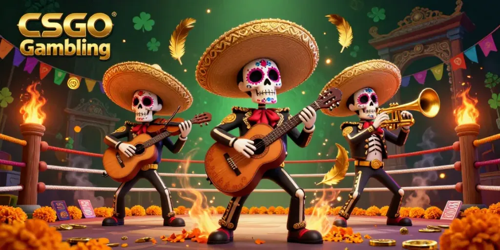 Experience CSGO Gambling excitement with vibrant mariachi skeletons in a dynamic casino scene.