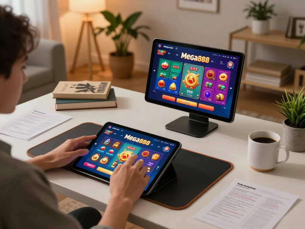 Learn how to install Mega888 with an engaging home gaming scene showcasing an active tablet interface.
