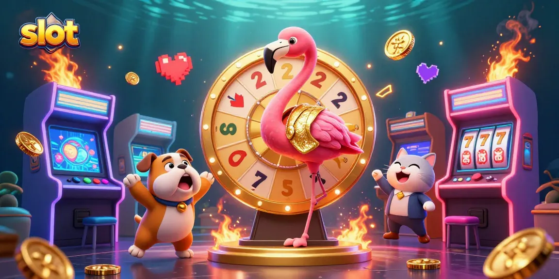Experience thrilling slot action with a flamingo host, bulldog contestant, and exciting prizes!