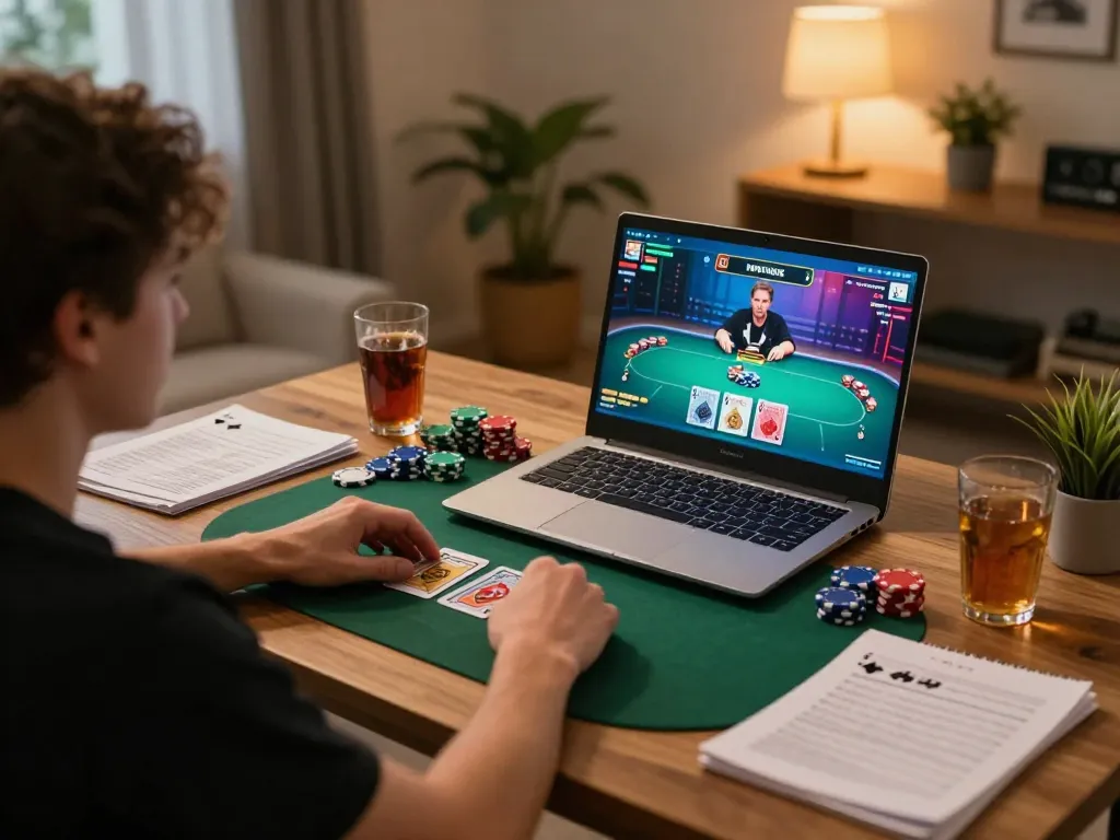 sunwin player engaged in online poker game with chips and strategy notes visible