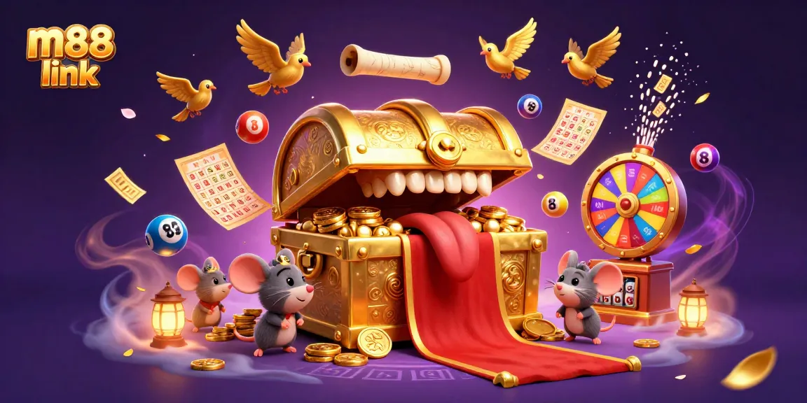 Experience the thrill with M88 link, featuring an adventurous scene of treasure and lottery excitement.