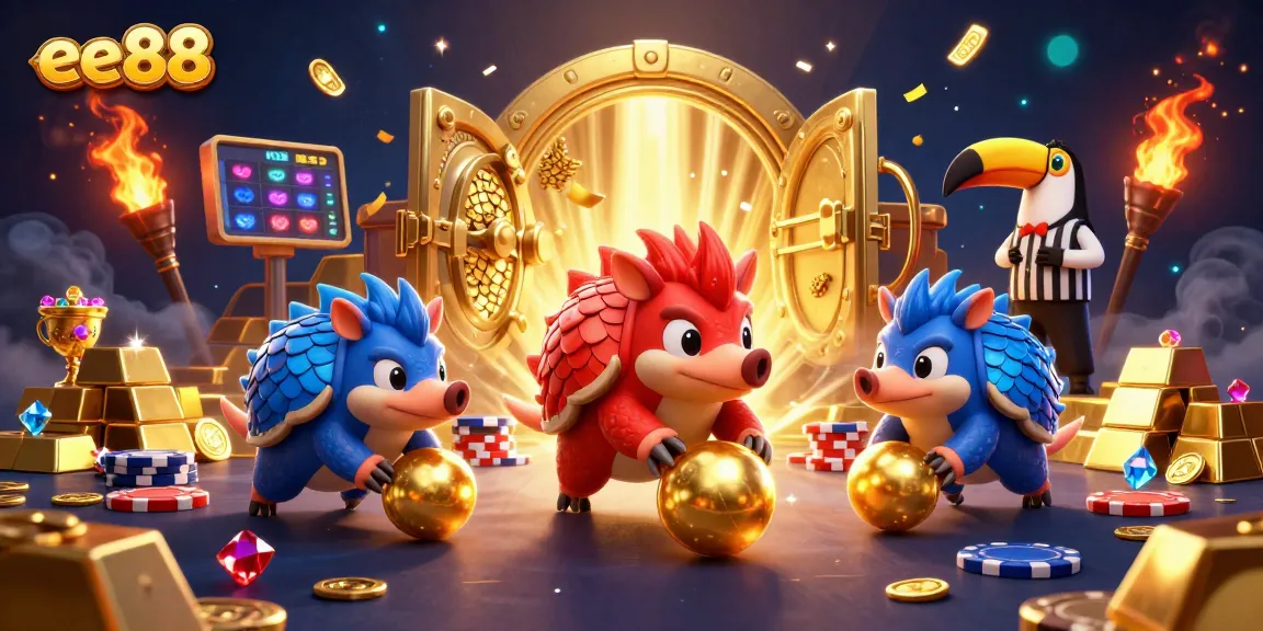 Experience thrilling gaming action with ee88, featuring dynamic pangolins in cartoon style amidst vibrant casino elements.