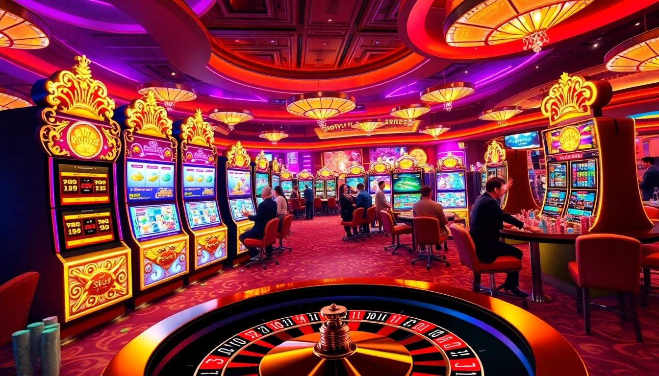 Experience the thrill of Slot Maxwin in a luxurious casino scene with vibrant slot machines and excited players.