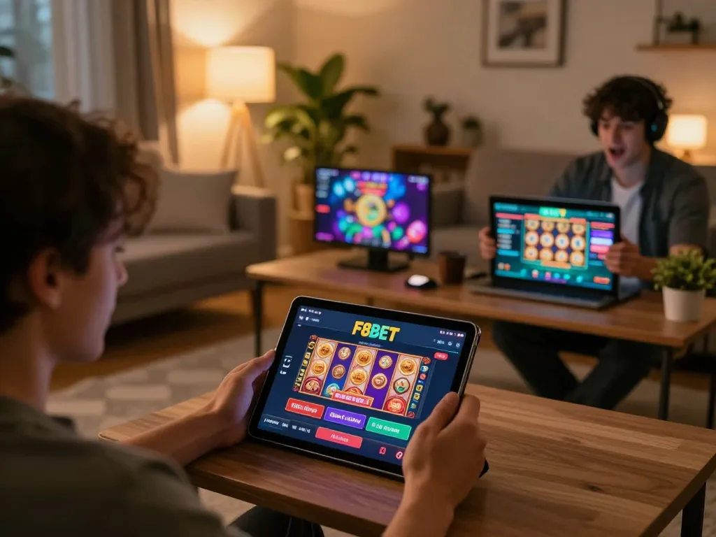 Player engaging with F8BET's online casino app, immersed in gaming for fun