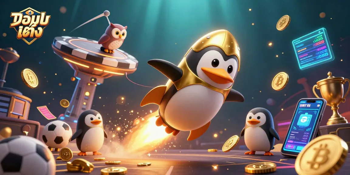 แทงบอลเต็ง with a rocket-powered golden penguin in a dynamic casino scene amidst sports betting elements.