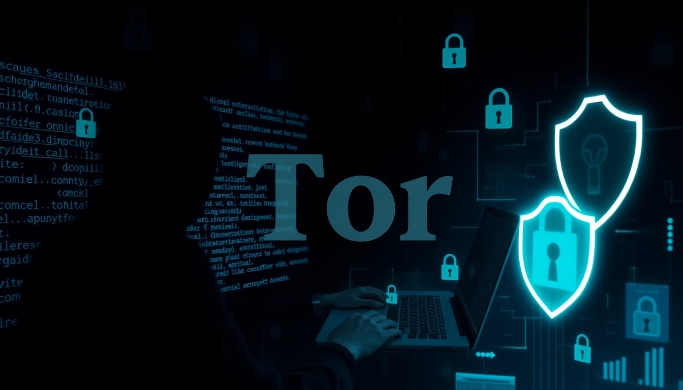 The official hidden wiki showcasing secure dark web browsing concepts with Tor network symbols and privacy elements.