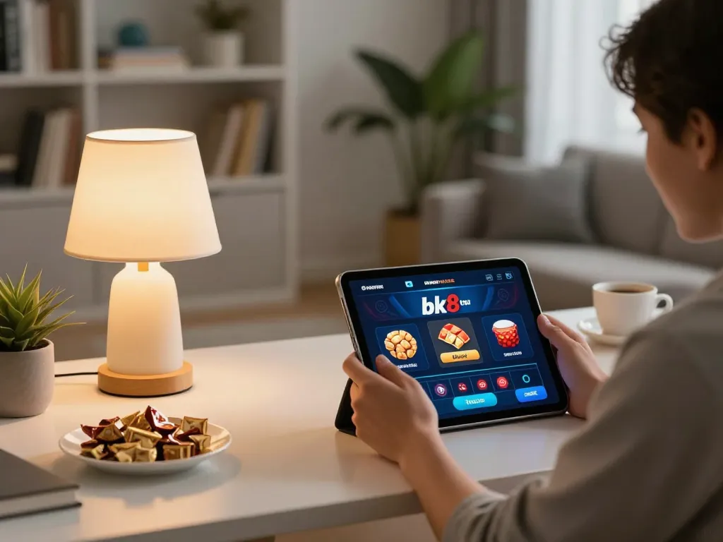 Person enjoying bk8 online casino on tablet in cozy living room setting.