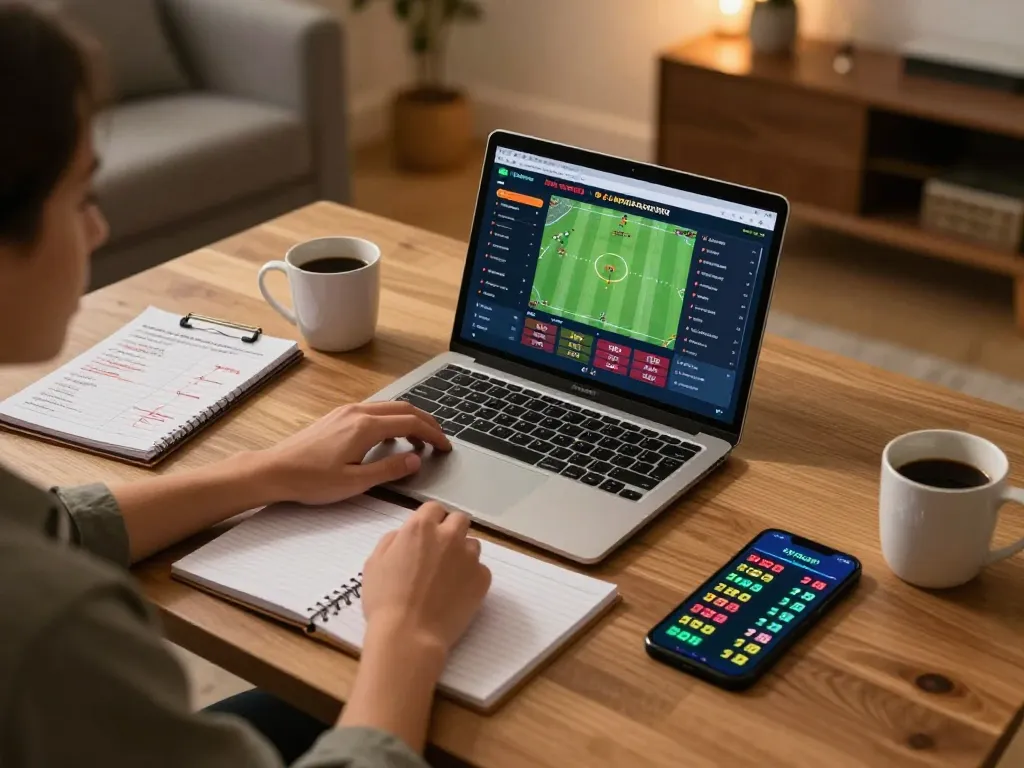 Hitclub online gaming setup with laptop displaying sports betting app and strategic notes, cozy atmosphere.