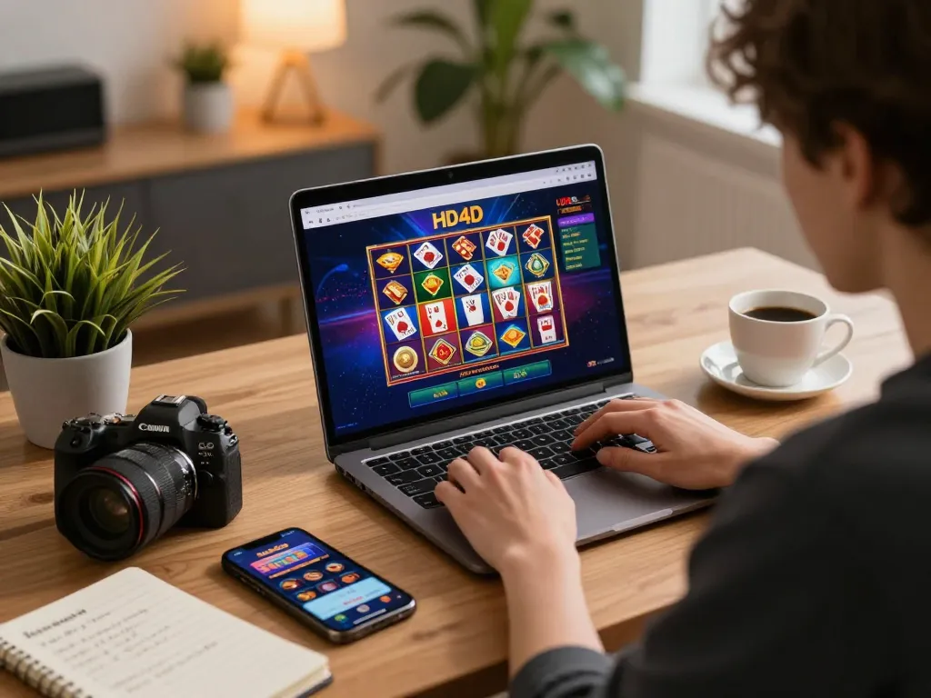 Pemain berinteraksi dengan kasino online HD4D di laptop sambil mencatat strategi di kantor rumah yang nyaman