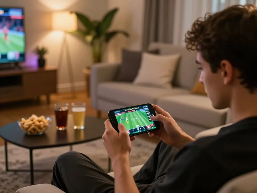 mm88 user enjoying mobile sports betting in a cozy home setting with live odds displayed