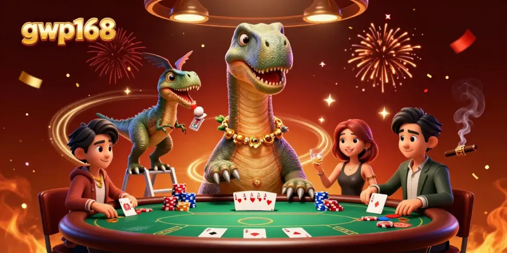 Permainan kasino gwp168 dengan karakter unik, termasuk dinosaurus dan dealer raptor.