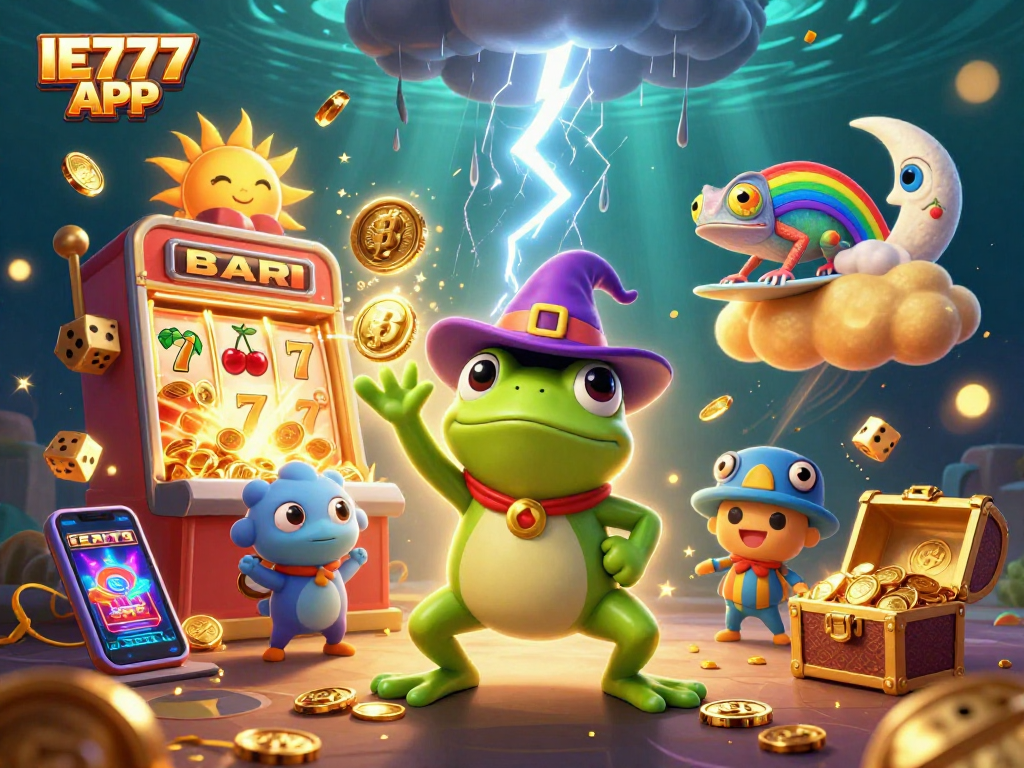 Experience the excitement of the IE777 APK with a colorful casino-themed 3D illustration featuring dynamic game elements.