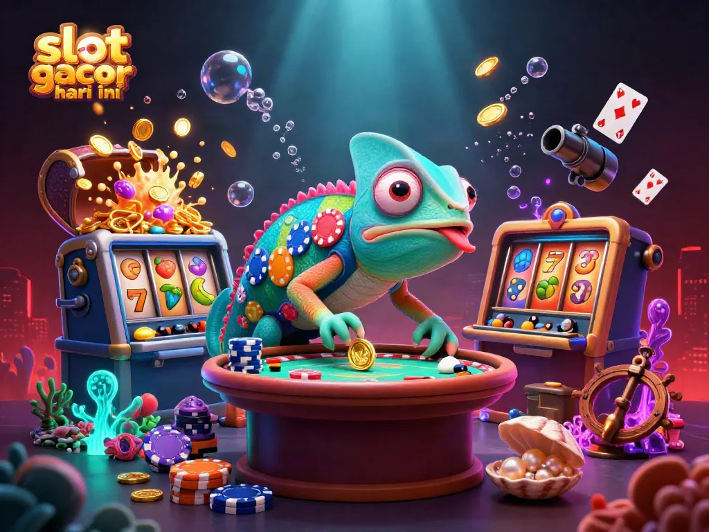 Permainan slot gacor hari ini dengan chameleon pemilik kasino, dinamis dan cerah.