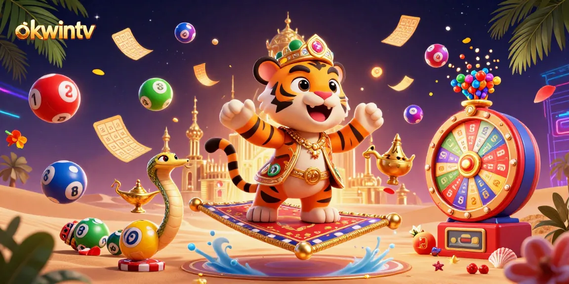 Experience thrilling gaming with okwintv as a 3D Arabian Nights sultan surrounded by vibrant lottery elements.