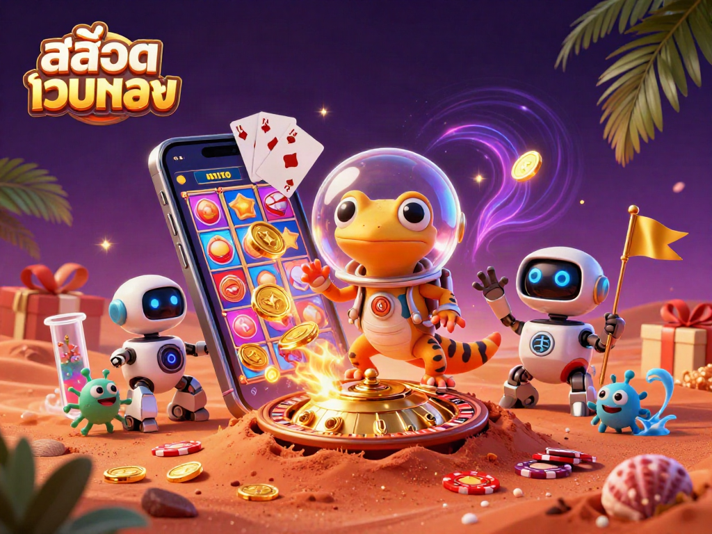 Experience สล็อตเว็บตรง with a Martian gecko finding a buried gold casino in a vibrant 3D scene.