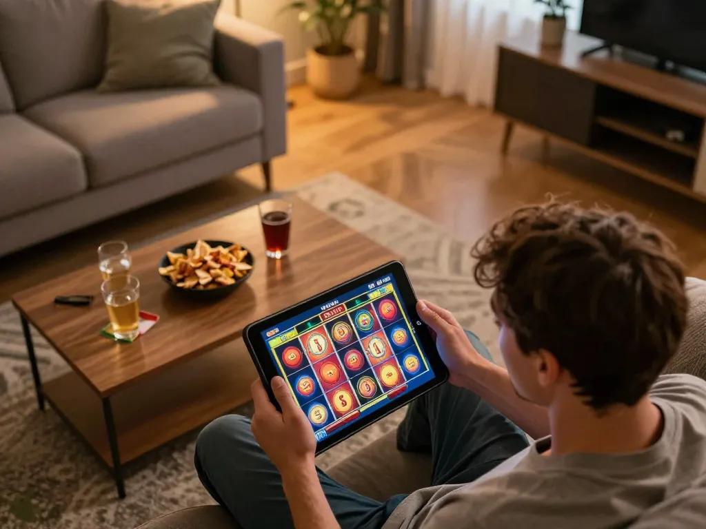 Pemain menikmati permainan slot online di tablet di rumah, merasakan kesenangan dari okebet99.