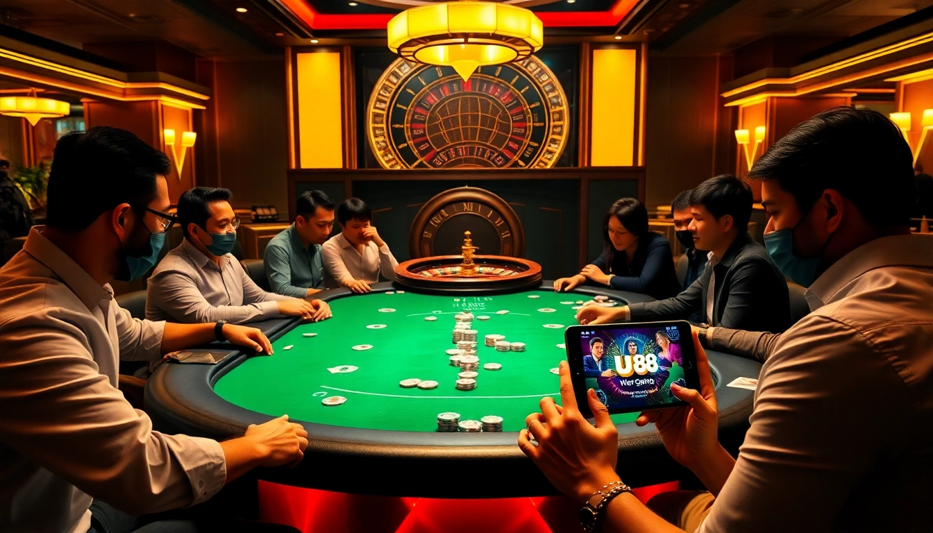 Poker players enjoying a game at uu 88's elegant casino table, surrounded by vibrant gambling elements.
