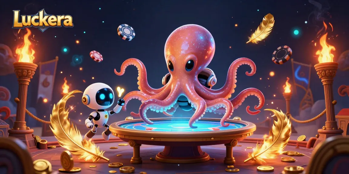Luckera portrays an alien octopus masterfully dealing poker amidst sparkling cosmic elements.