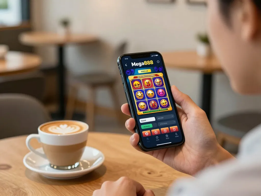 Muatturun aplikasi Mega888 di telefon pintar di kedai kopi, memaparkan grafik permainan slot yang berwarna-warni.