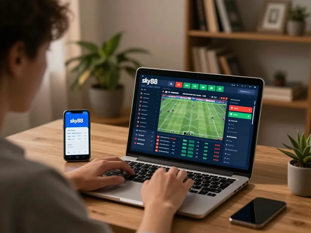 Person placing live bets on the sky88 platform from home office, engaging in strategic sports betting.