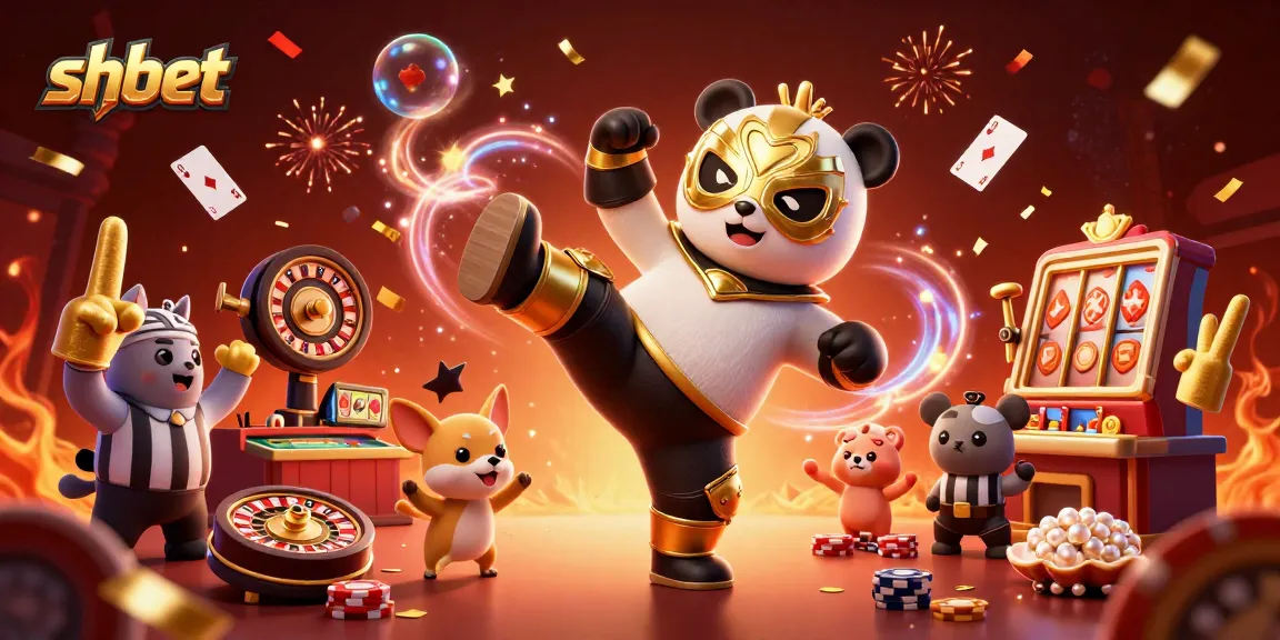 Experience the thrill of shbet with an action-packed casino scene featuring a wrestler panda and vibrant gaming elements.