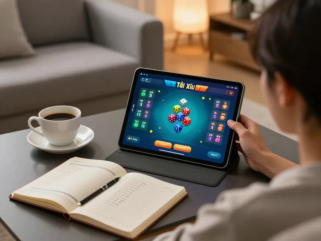 Engaging gameplay on the app tài xỉu online with a cozy home setup featuring a tablet and strategy notes.