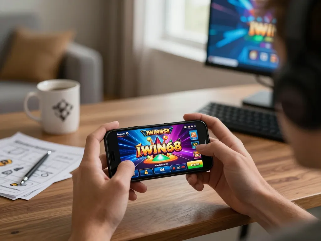 IWIN68 player engaging on smartphone showcasing vibrant casino graphics in a cozy home setting