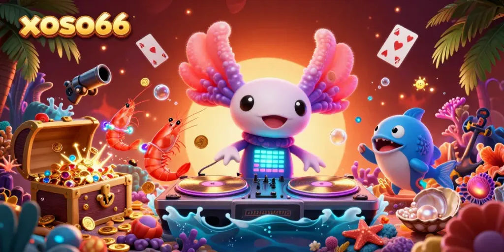 Experience the thrill of xoso66 with a vibrant scene of dancing creatures and golden gameplay elements.