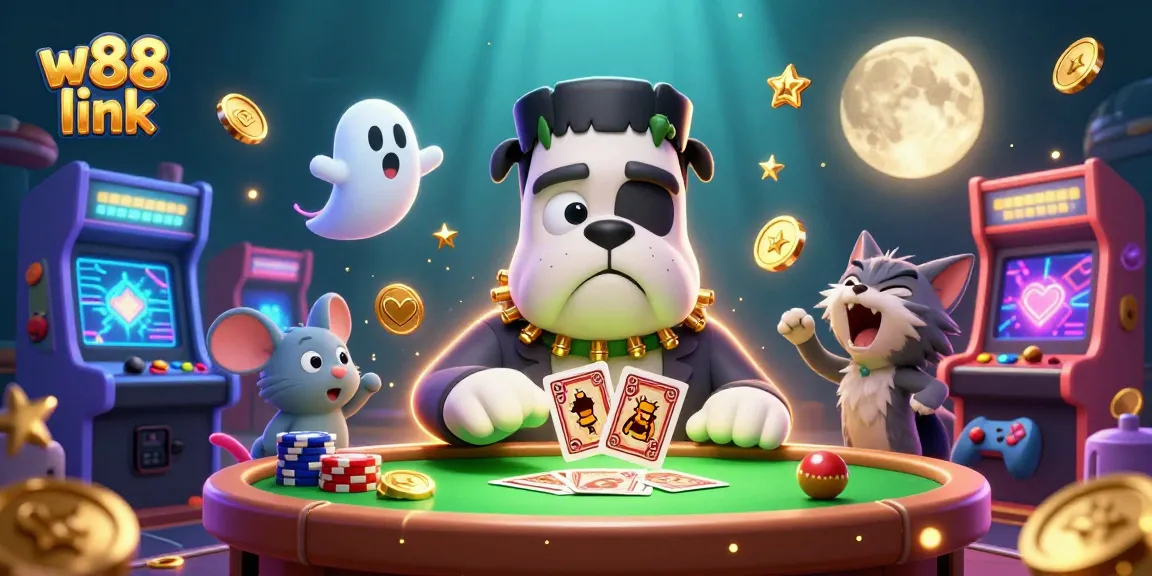 Hit the jackpot with the exciting W88 link, showcasing a thrilling gaming scene featuring a unique Frankenstein bulldog and friends.