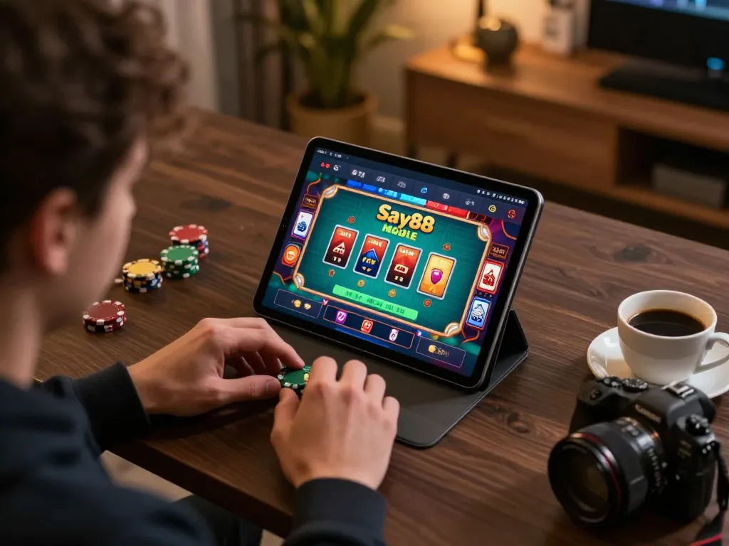 Engaging online gaming experience with Say88 app showcasing vibrant poker gameplay in a cozy home office.