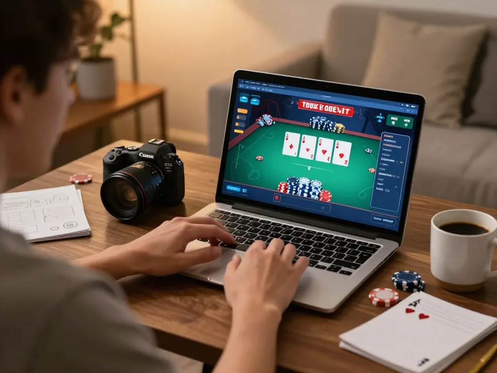 Playing poker online with link alternatif strategy in cozy home setting, showcasing focus and engagement.