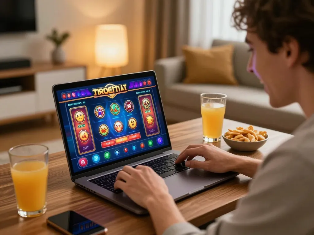 Player experiencing thrilling games at KK55 online casino, showcasing laptop gameplay and snacks.