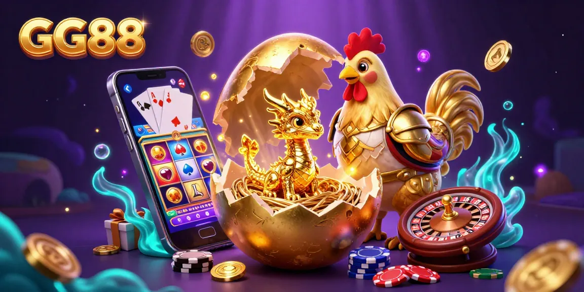 Engage with GG88's vibrant online casino experience featuring a golden dragon on poker chips amidst colorful slot elements.