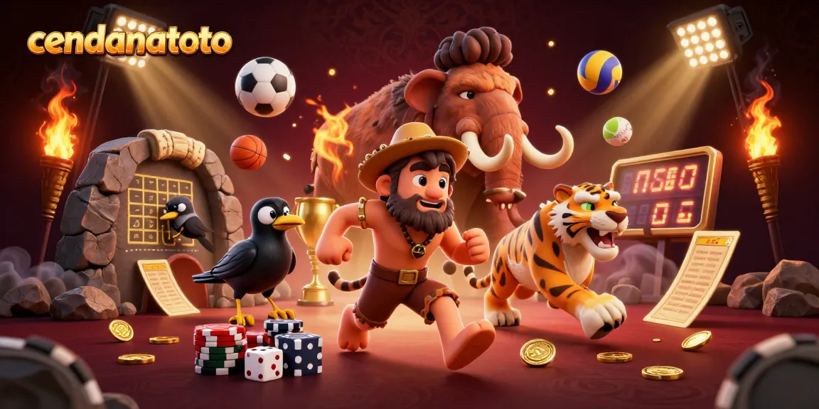 Cendanatoto showcases a dynamic prehistoric casino scene with a clever crow companion, exciting sports balls, and engaging gambling elements.