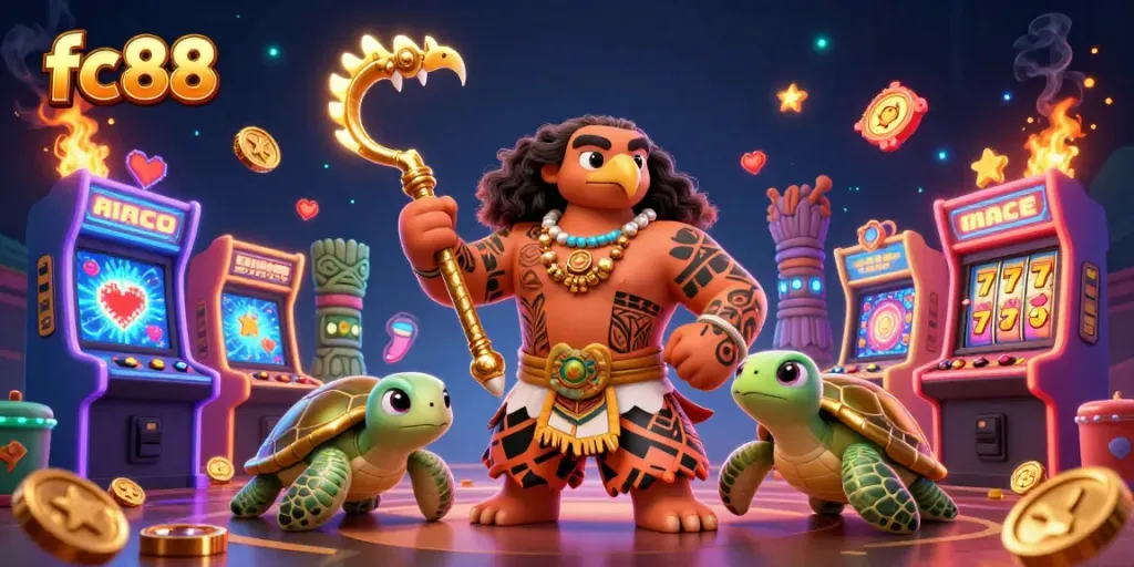 Engage with fc88's vibrant online casino, featuring a demigod and turtle in a dynamic 3D illustration.