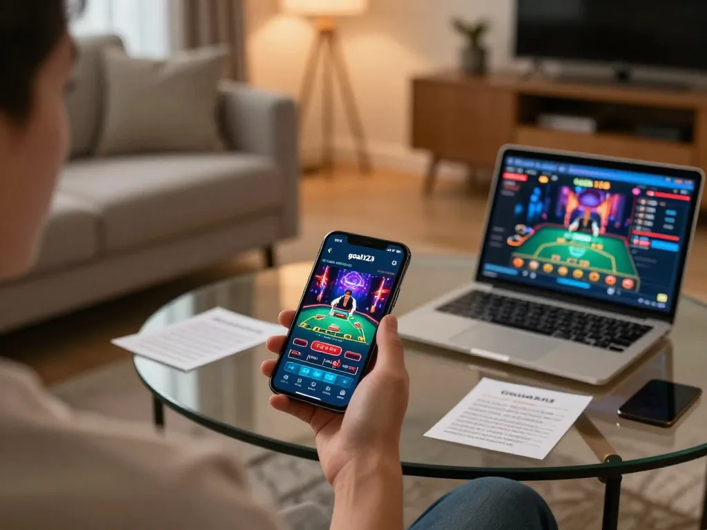 Using app goal123 on smartphone in a cozy home gaming setup, with lively online casino interface visible.