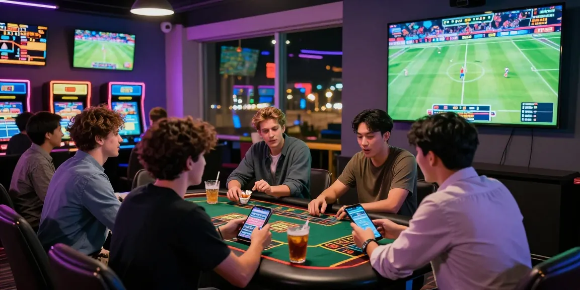 Dynamic gambling scene with friends enjoying OPEN88 COM betting options in a vibrant gaming lounge.