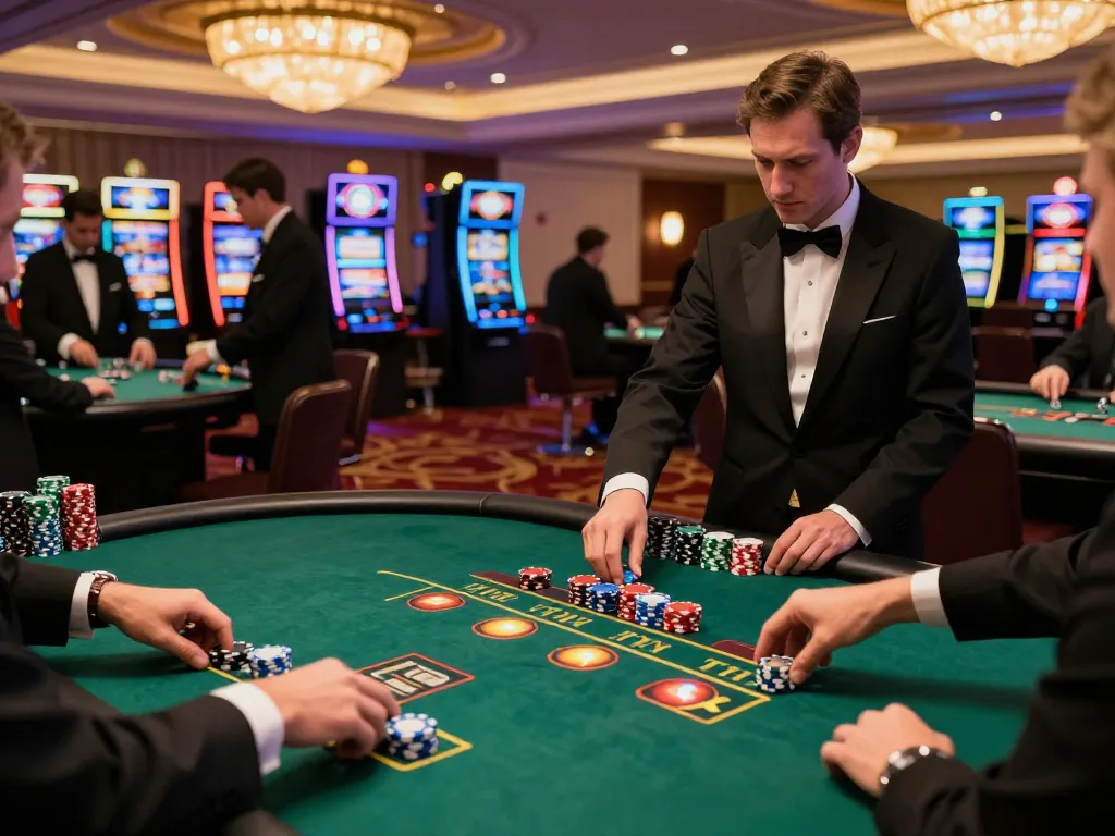 Engaging gameplay at 888VI casino with players placing bets at poker tables and vibrant slot machines.