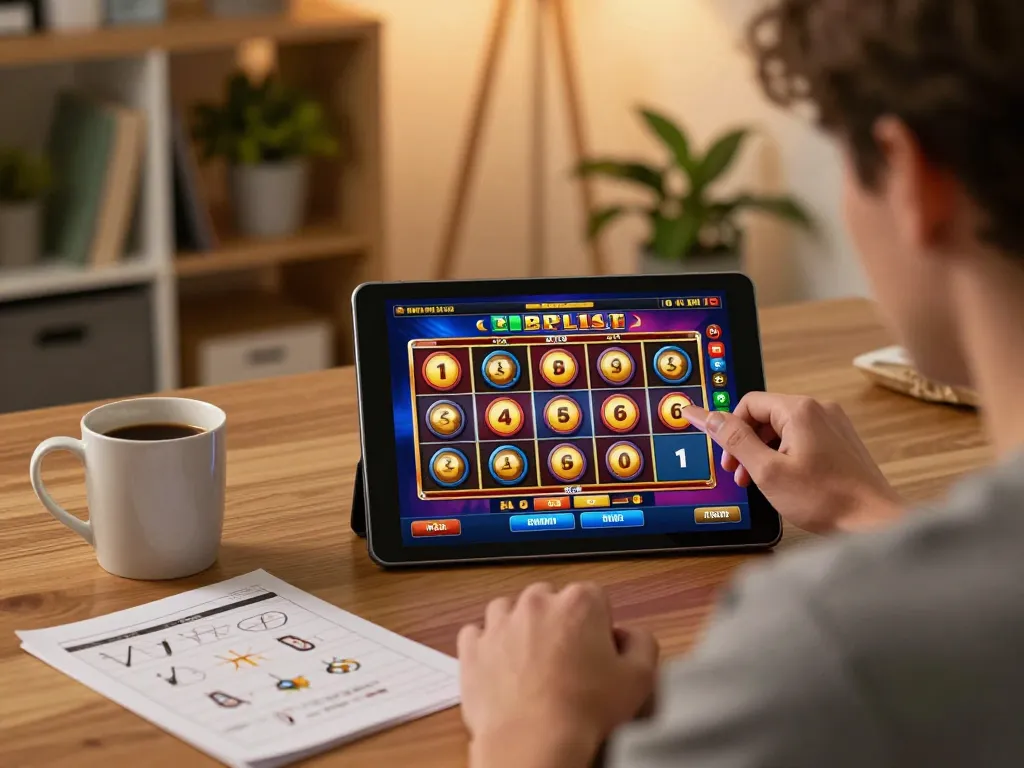 Pemain Bintangmpo menikmati permainan slot di tablet di rumah, menekankan permainan yang strategis.