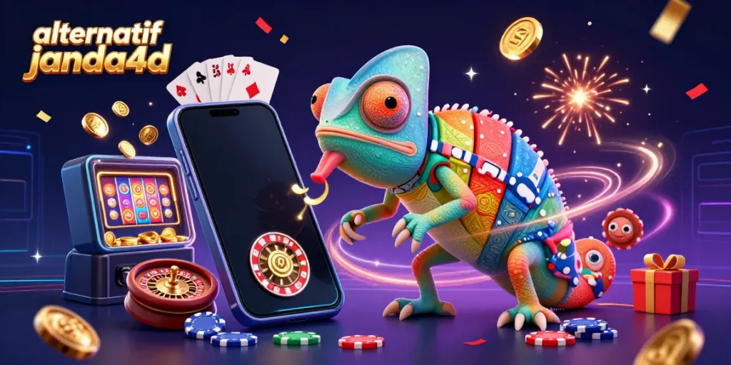 Permainan alternatif janda4d dinamis dengan chameleon kasino, slot, dan chip emas.