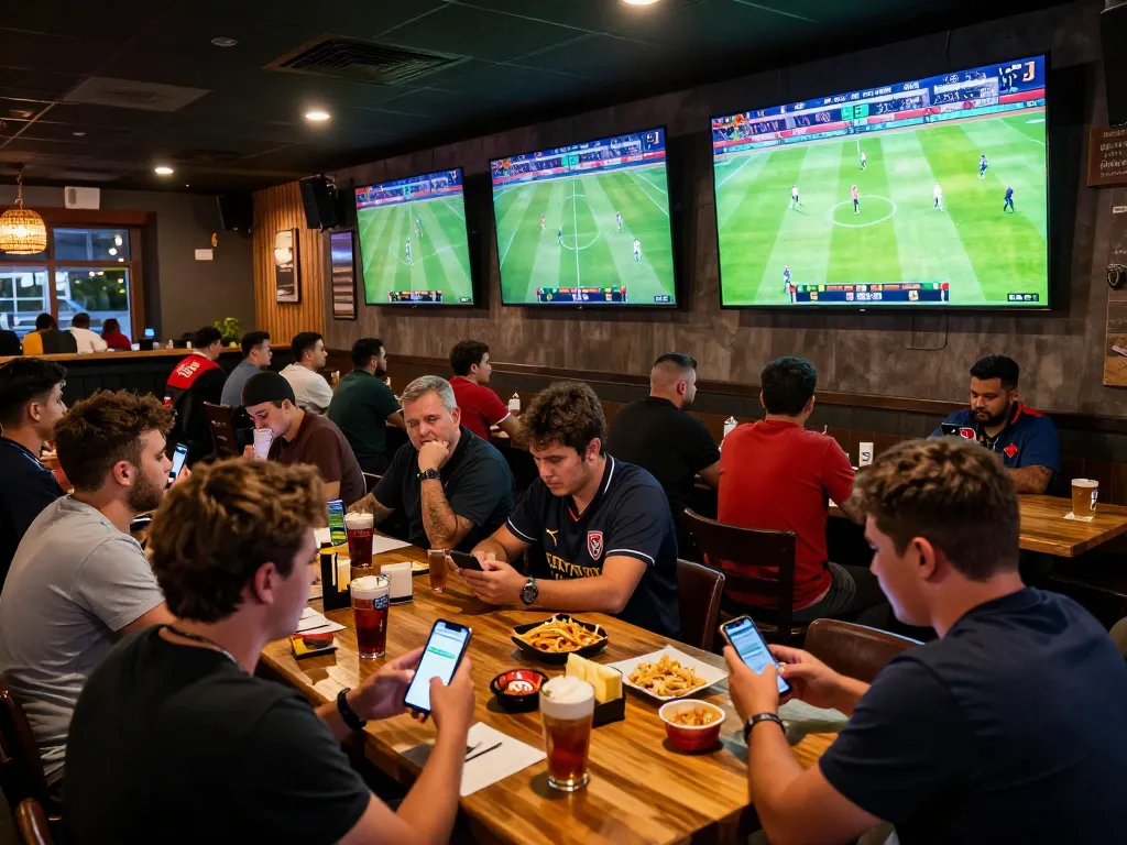Kết quả bóng đá displayed on multiple screens as fans engage in sports betting at a lively sports bar.