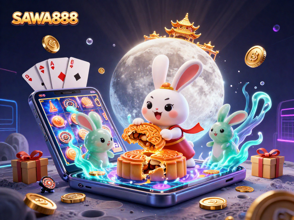 SAWA888 offers a vibrant gaming experience with engaging slot games, poker chips, and golden mooncakes.