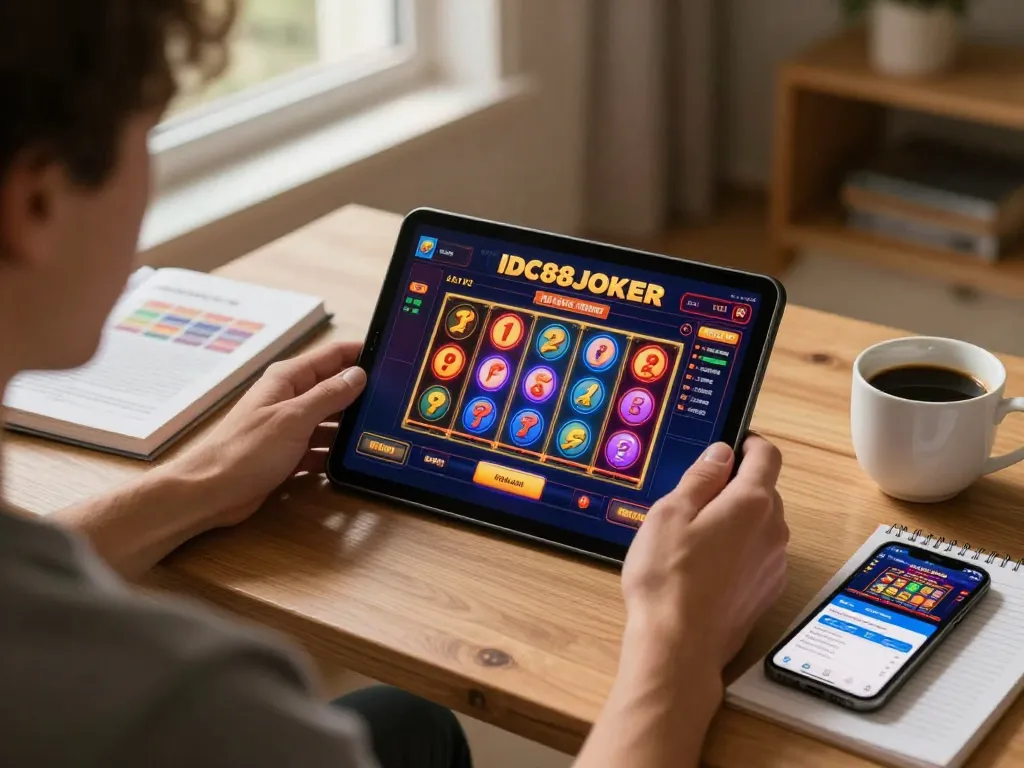 Player engaging with IDC88JOKER online casino slot games on tablet for an immersive gaming experience