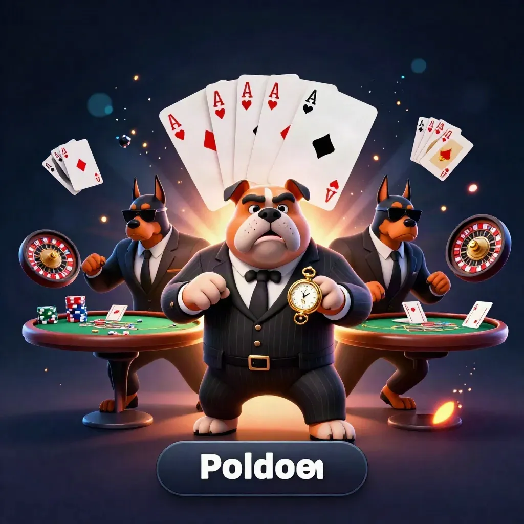Bulldog mob boss and two Dobermans surrounded by casino props in dramatic neon light.
