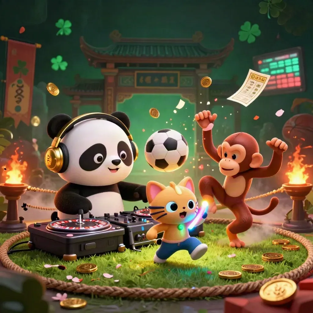 DJ panda, breakdancing monkey, and glow-stick kitten amid flying sports balls and gold sparks