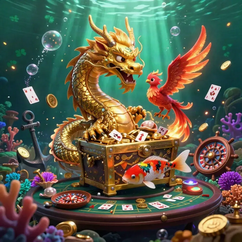 Golden dragon with phoenix and koi above treasure chest in a neon underwater casino cove.