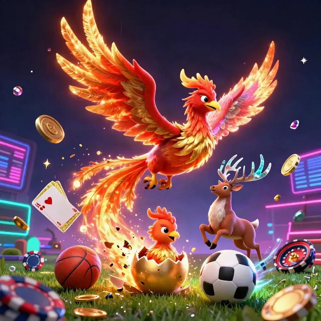 Phoenix, stag, and casino icons erupt around a soccer ball in neon darkness.